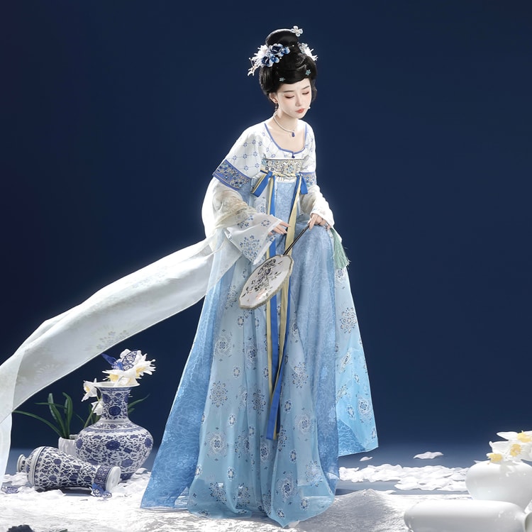 blue and white porcelain pattern dress Original Chinese Style Super Fairy Tang-style Chest-high Hanfu Ruqun Set White Background Blue and White Porcelain Waist-high Four-piece Set S 1 Set 4% Elastane) Worn length