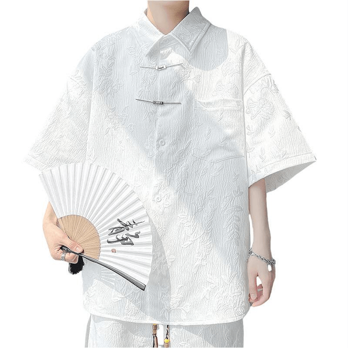 【中國直郵】 ASIS 新中式提花金屬盤扣口袋男士寬鬆襯衫-白色 2XL