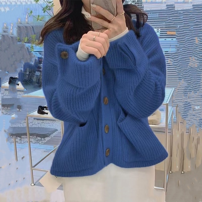 【中国直送】シェディシオン秋冬新作ソフトでルーズな万能怠惰スタイルニットカーディガンジャケットブルーフリーサイズ