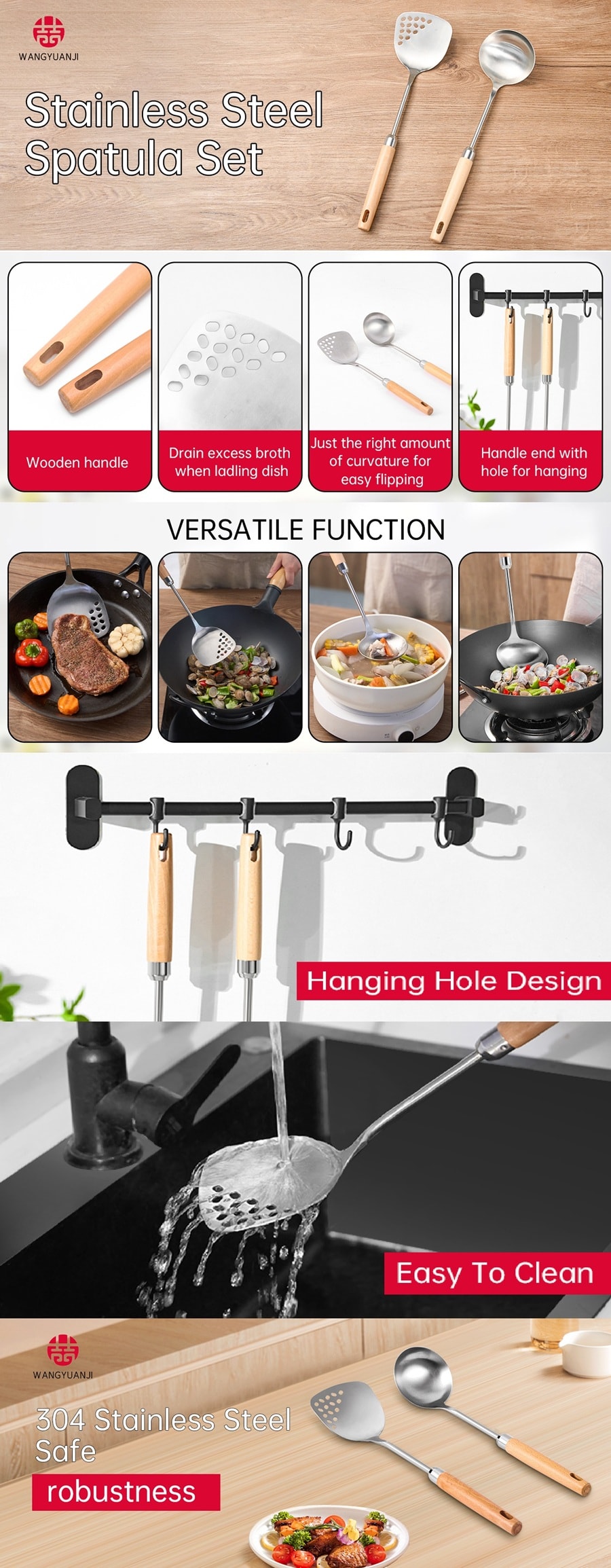 王源吉 ⭐省心套組 不易銹⭐【不銹鋼鍋勺+鍋鏟 2件套】 不銹鋼鍋鏟 炒菜勺 長柄鏟勺廚具鍋鏟套裝 304不銹鋼