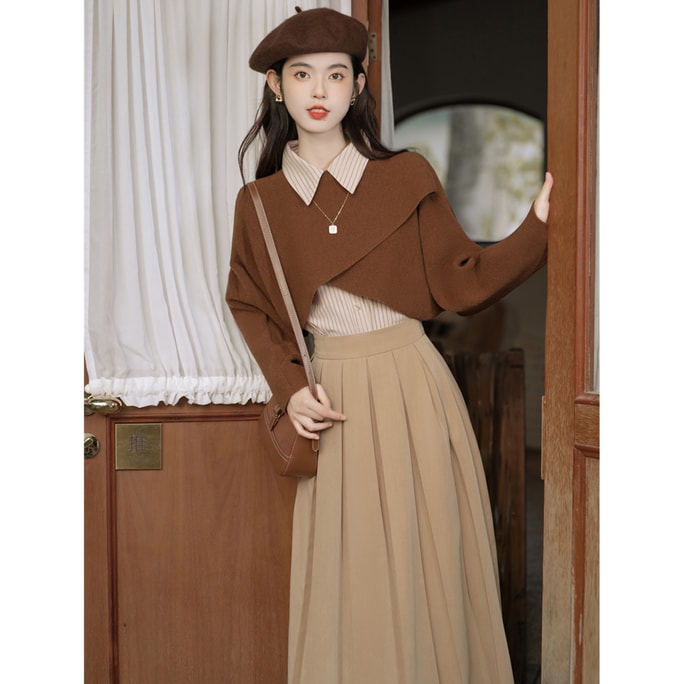 New Knitted Shirt With Half Skirt 3-Piece Caramel Set L