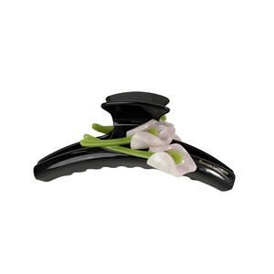 [중국 직배송] 밀리 고급 튤립 헤어 클립, 고급스러운 꽃무늬 아세테이트 헤어 클립, 상어 모양 클립, 뒷머리용 헤어 클립, 블랙, 대형 사이즈, 11.5cm *1