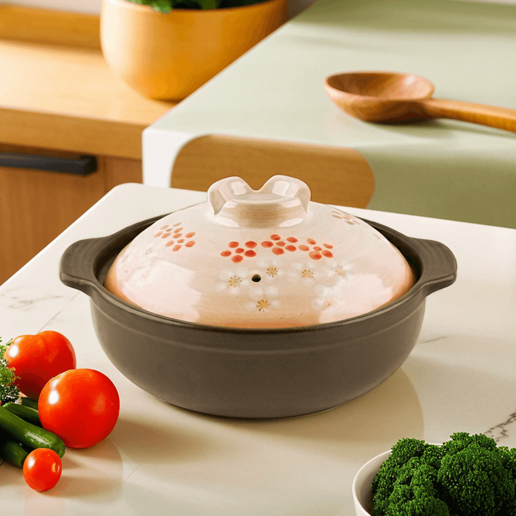 日本の他のブランド ピンクフラワー蓋付き日本製土鍋土鍋、100オンス