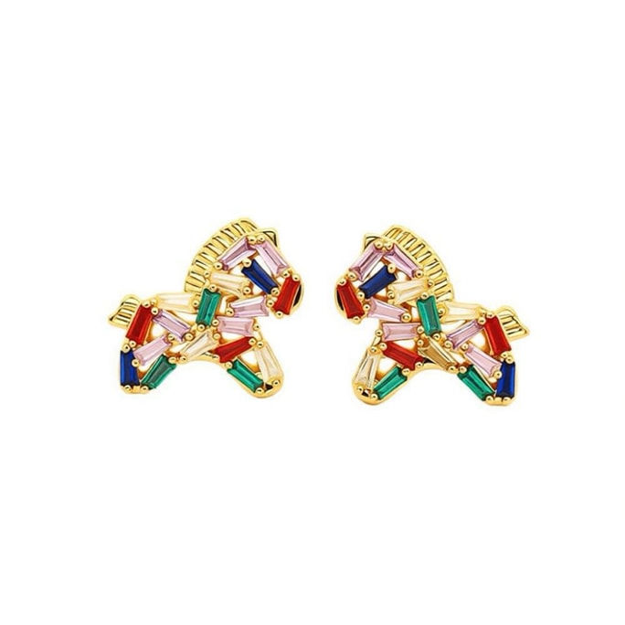 Fancy Jasmine 彩色水晶鋯石多巴胺小馬耳環 秋冬高級 馬年轉運耳飾【贈高端首飾盒】1對