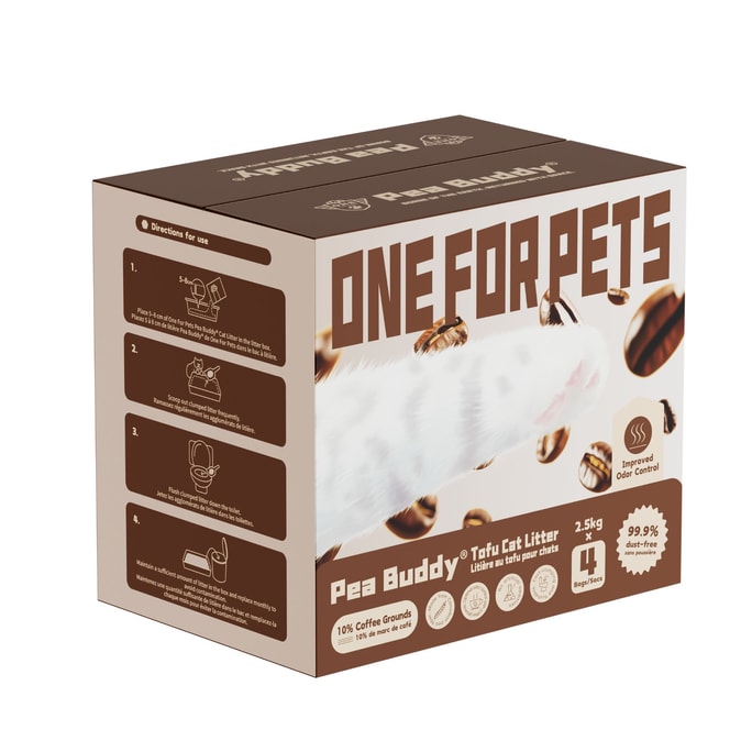 [북미 직배송] One for Pets Pea Buddy 천연 완두콩 두부 고양이 모래, 커피 가루 10%, 10kg (2.5kg*4개) [최고급 고양이 모래] [새롭게 업그레이드된 천연 냄새 제거]