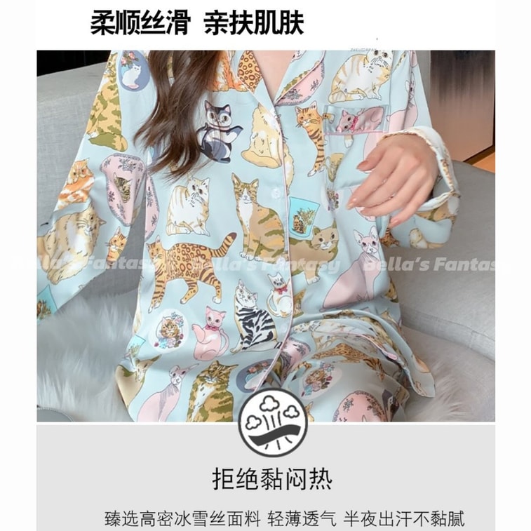 美国 Bella’s Fantasy Bella's Fantasy 赵露思同款猫咪手绘冰丝长袖长裤秋冬睡衣套装超热卖 水蓝色 M 9