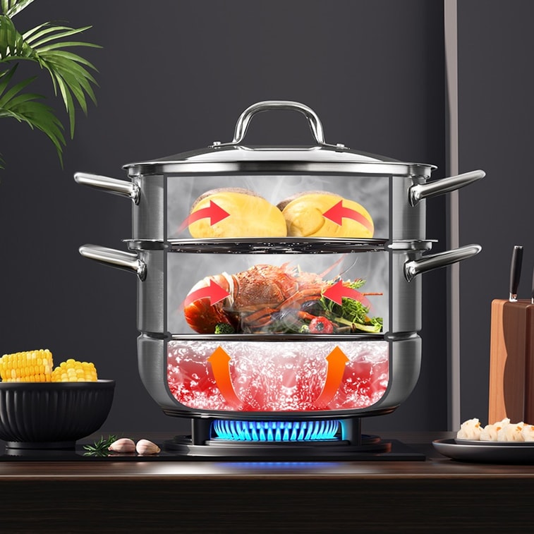 Double Layers Stainless Steel Steamer with Glass Lid 28cm 5