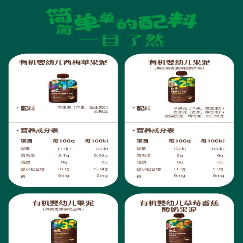 【中国直邮】 英氏 有机婴幼儿果泥 婴儿谷物泥 有机婴儿藜麦燕麦水果泥100g/袋