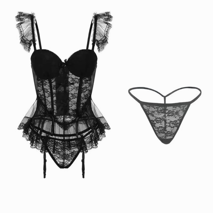Women's Lingerie set Lace Babydoll Mesh camise Boudoir Nighty with T string Garter Set Black-Size S