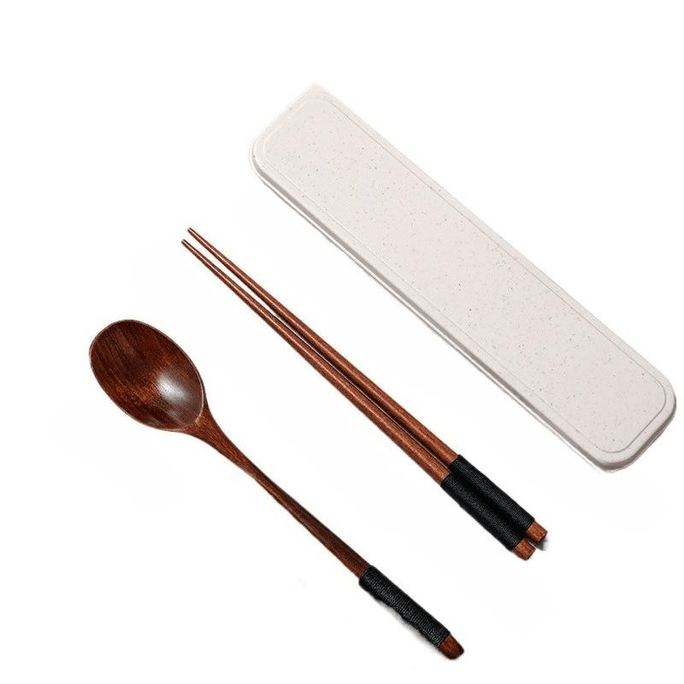 【中國直郵】 日本 MIKAKUTO 名創優品 筷子湯匙套裝木質一人用便攜式餐具三件組 纏線咖啡色23.5cm