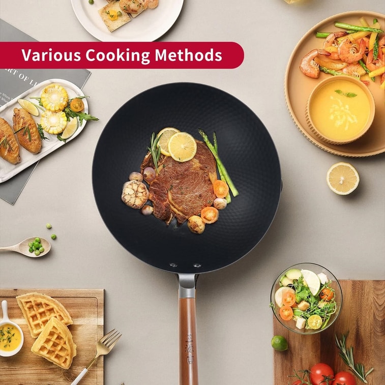 30CM Lightweight Carbon Steel Wok for Women Uncoated Carbon Steel Pan and 18CM Stainless Steel Pan Set For Gas & Induction 6