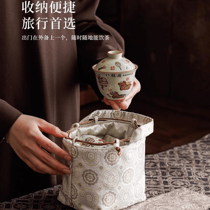 中国文革以前の輸出ポットセット 中国からの直送】一品銭銭堂八馬陶器製ティーポットトラベルティー