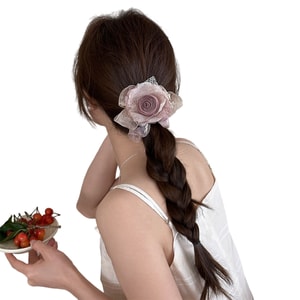 Vintage Tulle Scrunchie Pink Rose F 1 Piece Handmade Bud Bow Hair Tie, Fairy Style Hair Accessory For Low Ponytail & Bun