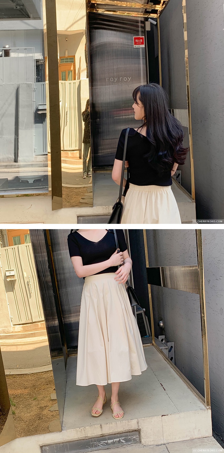 【韩国直邮】CHERRYKOKO 时尚出街修身V领显瘦短袖针织T恤 米色 均码
