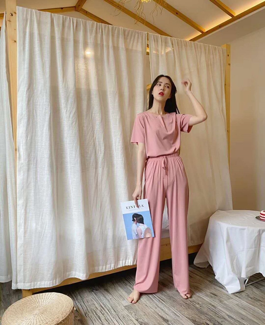 【中国直邮】欧晴 新款休闲套装女薄款时尚套装大码两件套装 粉色均码