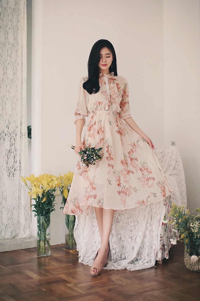 2018 Pre-fall Floral Long Dress Creamy White/L