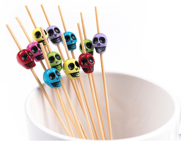 Cocktail Picks Handmade Bamboo Toothpicks 100ct 4.7" in Multicolor Skulls