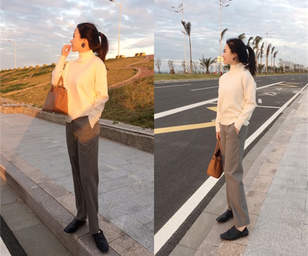 Women Casual Suit Pants Office Lady Straight Pants Gray XS