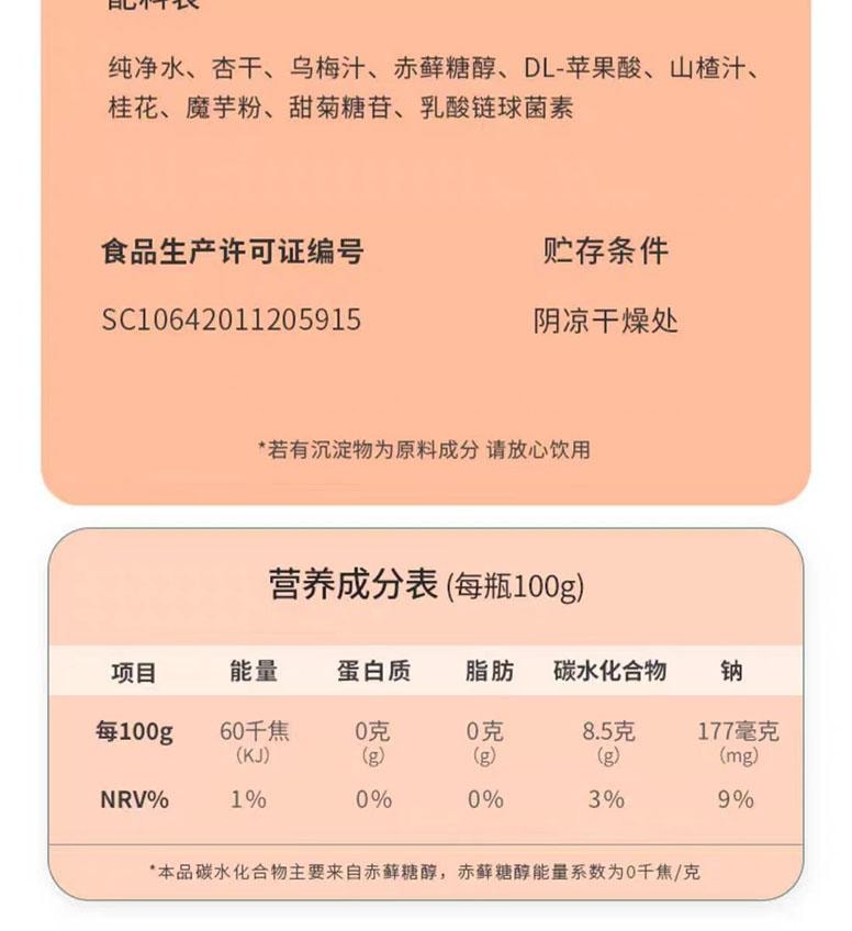 【中國直郵】 低卡博士 烏梅杏皮茶濃縮液 100g*4瓶