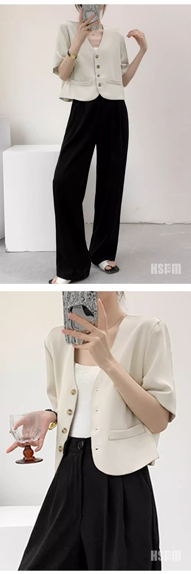 【中國直郵】HSPM 新款高級休閒V領短袖西裝外套 杏色 S