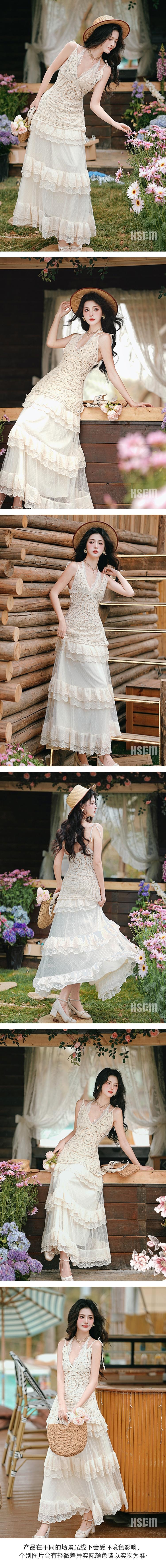 【中國直郵】 HSPM 新款純欲蕾絲蛋糕裙度假風套裝 三件式 F