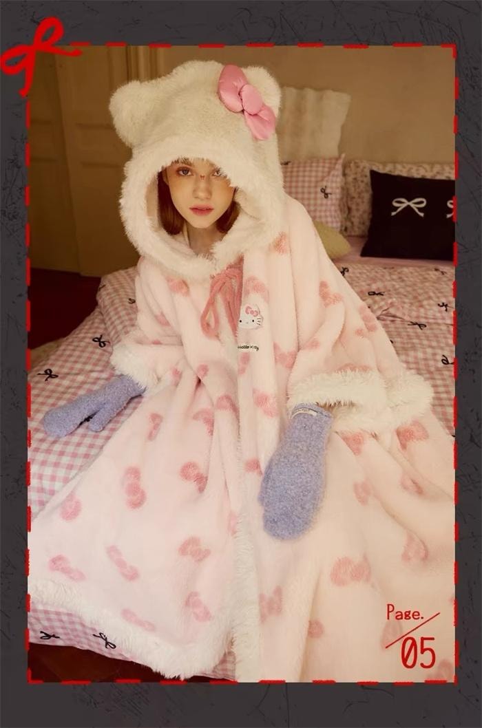 【中国直邮】 FOXTAIL Hello Kitty蝴蝶结斗篷 毛绒女士家居服/珊瑚绒睡袍/冬季新款少女甜美风-L码 1件*|
