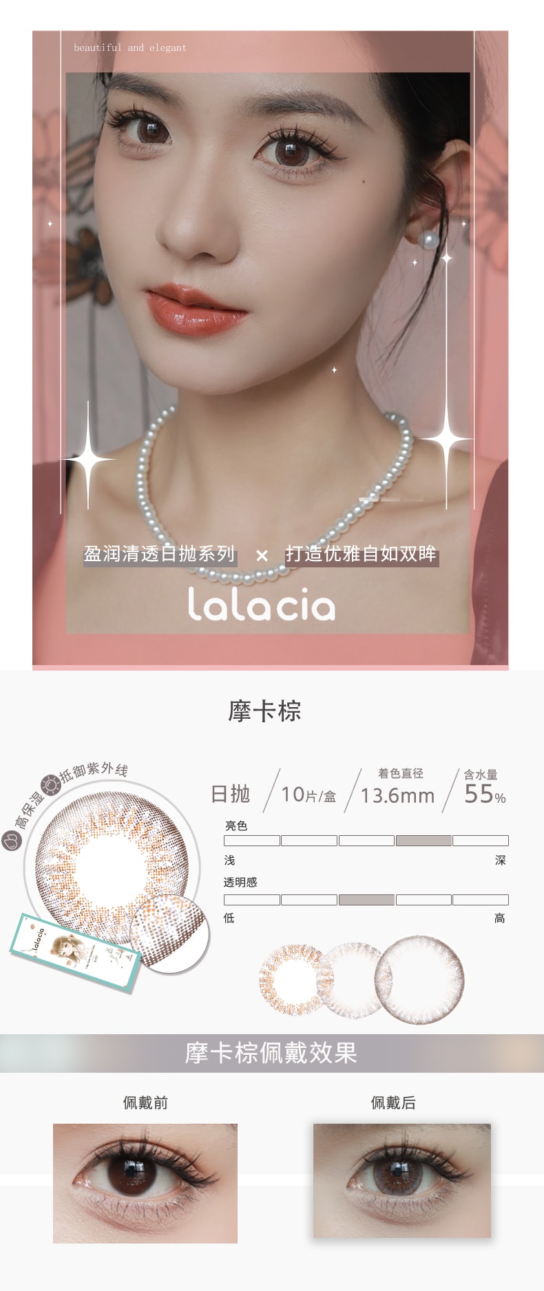 【日本直郵】LaLaCia 現貨 抗UV高保濕 日拋 Aqua Light 水光藍 (藍色系) 10枚 著色直徑13.2mm 單獨下單 24小時內發貨 度數 -4.00(400)