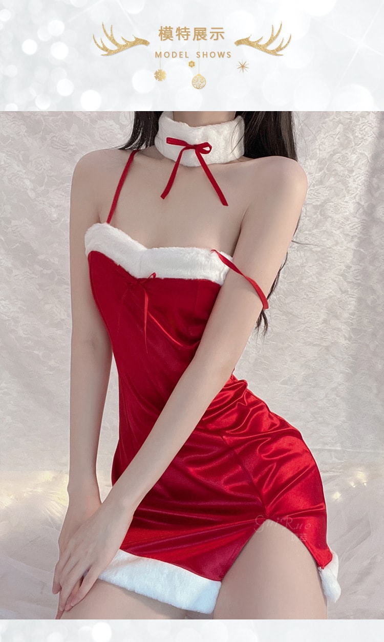 【中國直郵】瑰若 情趣內衣 性感抹胸修身開叉吊帶睡裙 聖誕裝 M碼 酒紅色