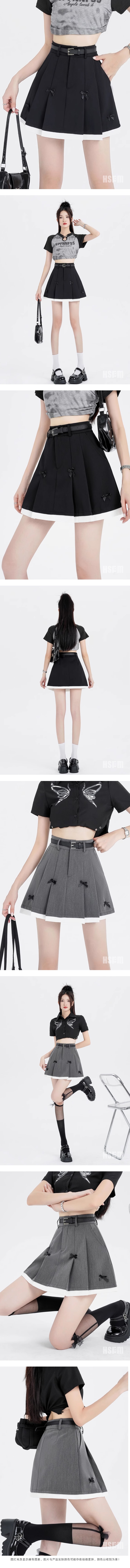 【中国直邮】HSPM 新款学院风蝴蝶结高腰A字百褶半身裙 灰色  S