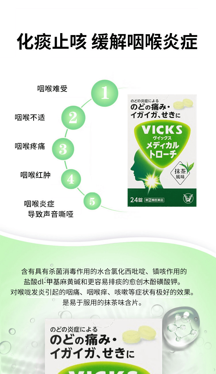 【日本直邮】TAISHO大正制药 VICKS 化痰止咳 医用克咳含片 24片 抹茶味