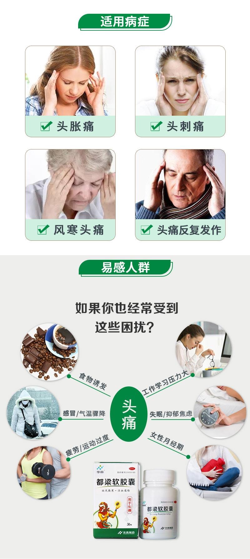 【中国直邮】  华森 都梁软胶囊 0.54g*36粒/盒 反复头痛 刺痛 祛风散寒 活血通络(建议8盒一疗程)