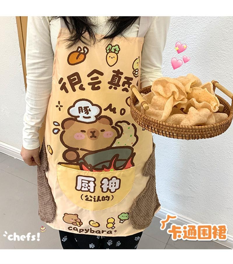 【中國直郵】 親太太 廚房圍裙綁帶式設計防水防油煮飯可擦手 藍狗1條