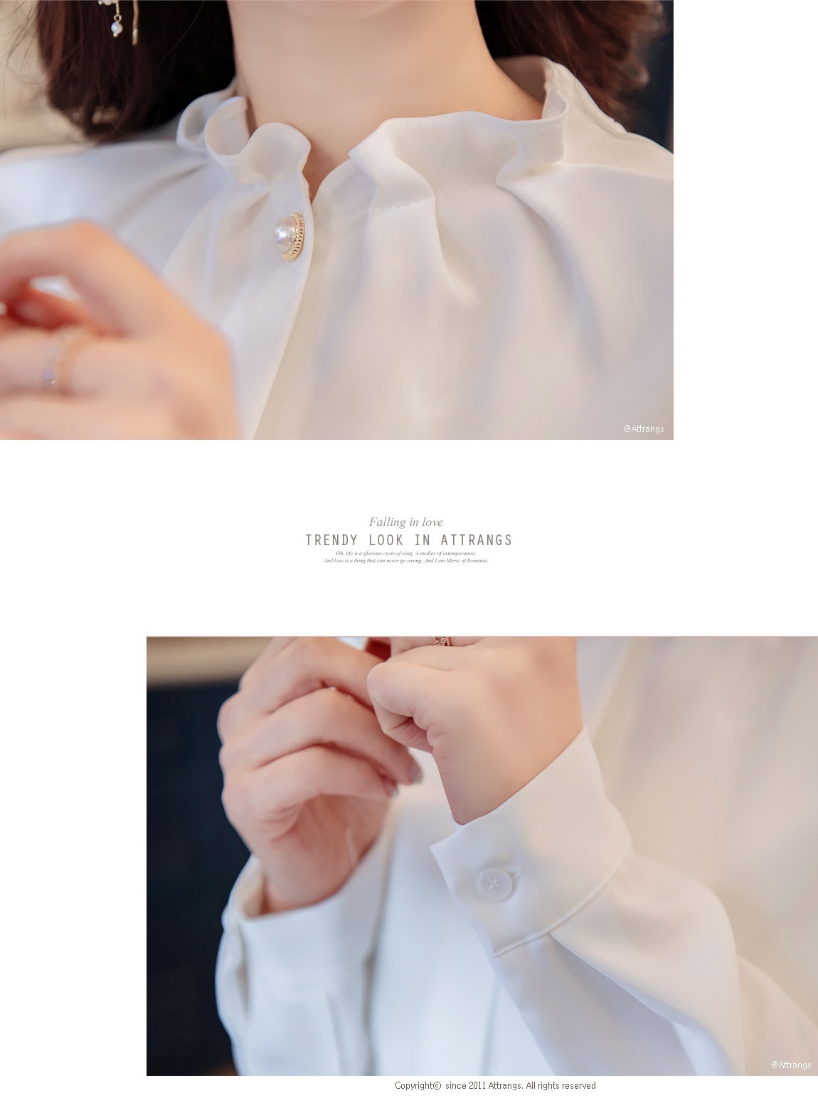 【韩国直邮】ATTRANGS 褶皱优雅高贵的珍珠扣衬衫 乳白色 均码