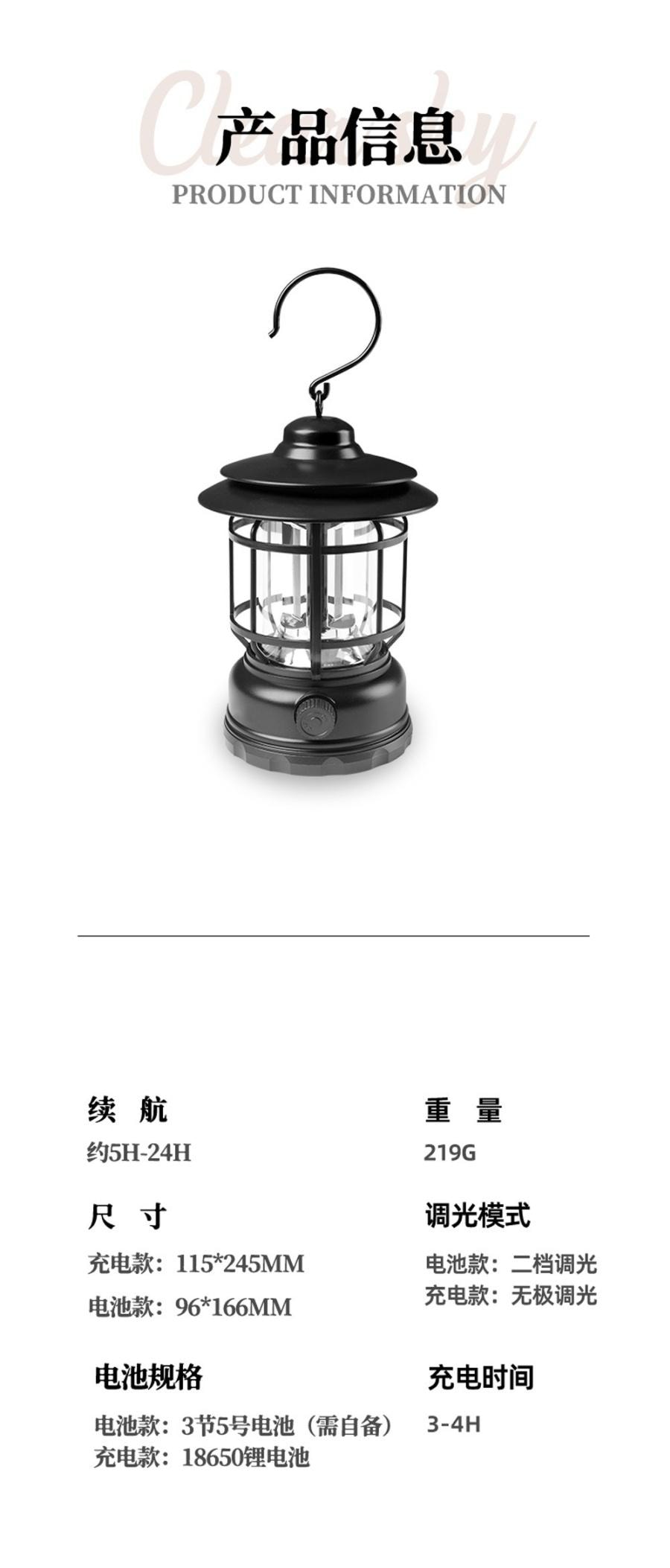 【中国直邮】 户外露营灯 手提多功能便携式LED营地灯 帐篷灯 Type-C充电 复古马灯 - 白色 1个