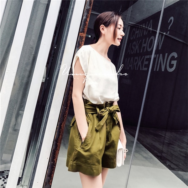 Spring Summer New Army Green Pure Cotton High Waist Shorts with Belt for Women L