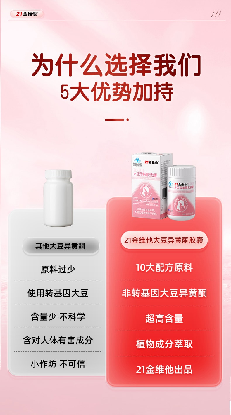 【中國直郵】 21金維他 大豆異黃酮軟膠囊 補充雌性荷爾蒙調理更年期雌正品 20g/瓶(500mg/粒*40粒)