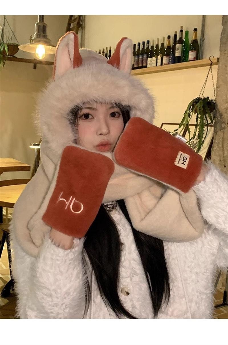 FOXTAIL 毛茸茸火狐狸一体帽 帽子 围巾 手套 冬季 保暖 防风 围脖 连帽 1个