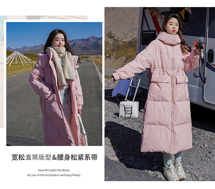 【冬季超爆款】【中国直邮】爪哇岛 韩系温柔淑女风 中长款羽绒服外套带帽子 黑色 L码