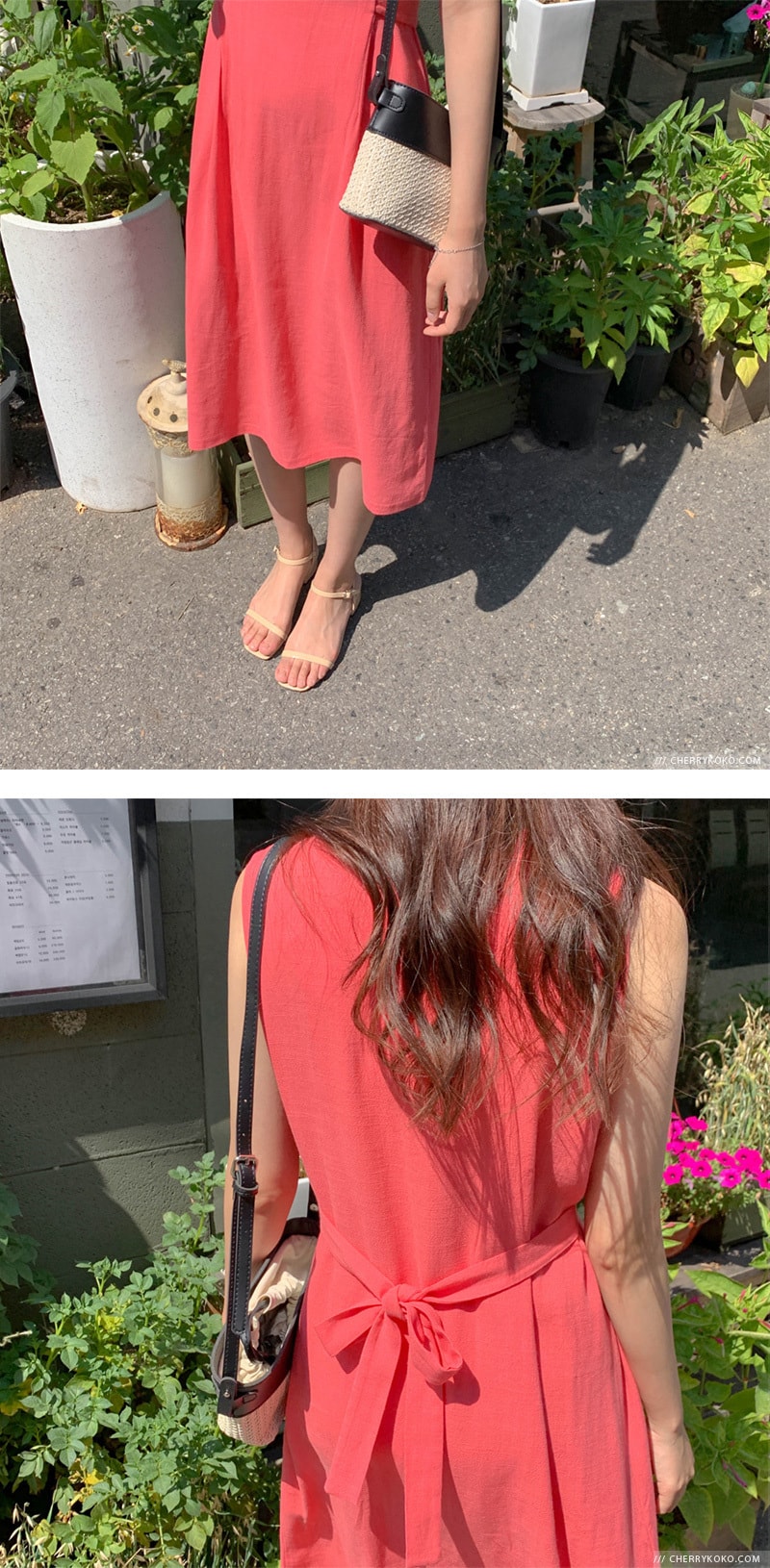 【韩国直邮】CHERRYKOKO 纯色气质无袖系带蝴蝶结显瘦连衣裙 薄荷色 均码