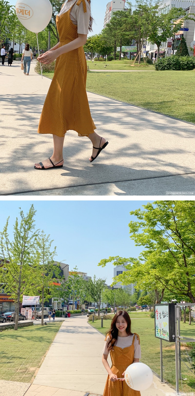 【韩国直邮】CHERRYKOKO 复古抹胸圆点高腰显瘦连衣裙 黄色 均码