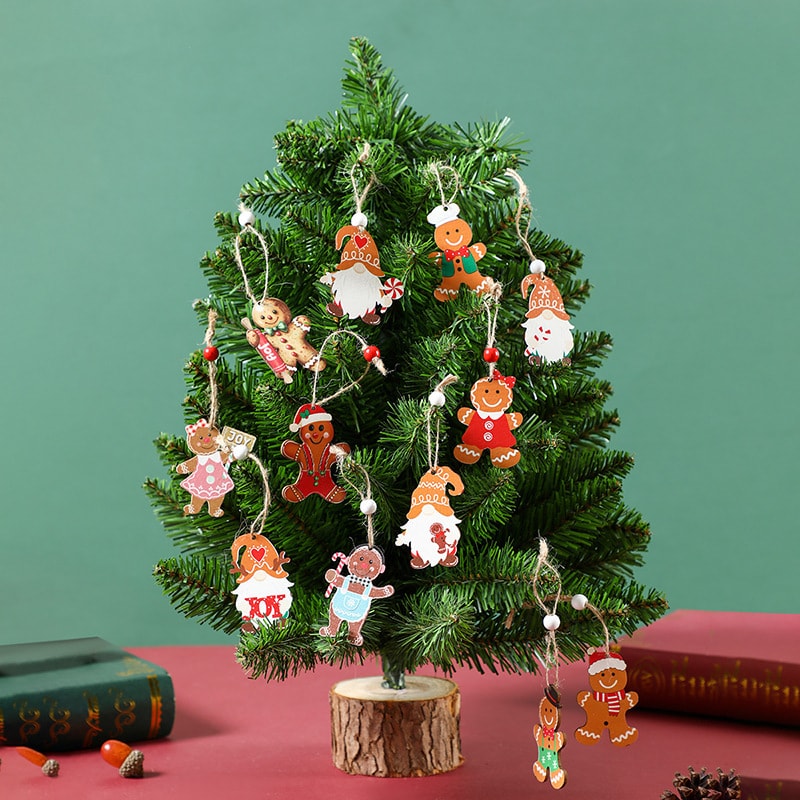 Christmas Tree Hanging Christmas Decorations Wooden Color - Gingerbread Man Style 12 Pc