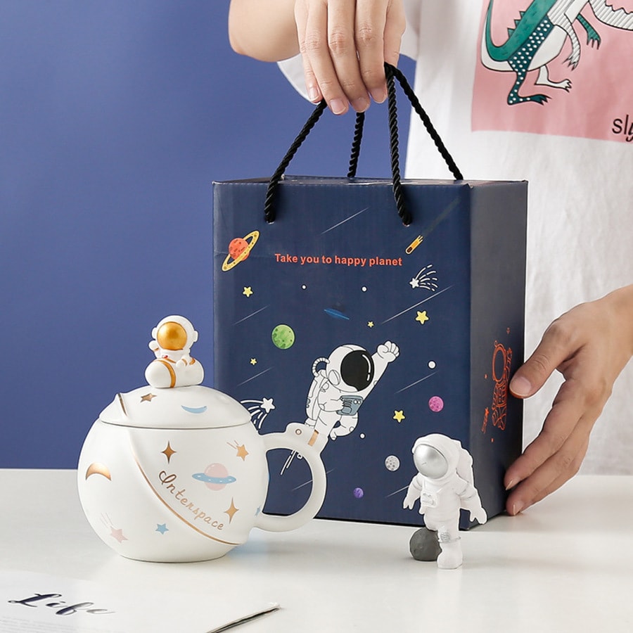 【送好禮】 火箭星球馬克杯 創意太空太空人水杯 大容量咖啡杯陶瓷杯子 禮盒裝 深藍色 1套