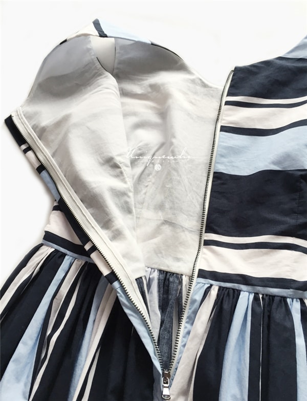 Pure Cotton Blue &amp; Black Stripe Round Neck Sleeveless Knee Length Dress for Women L