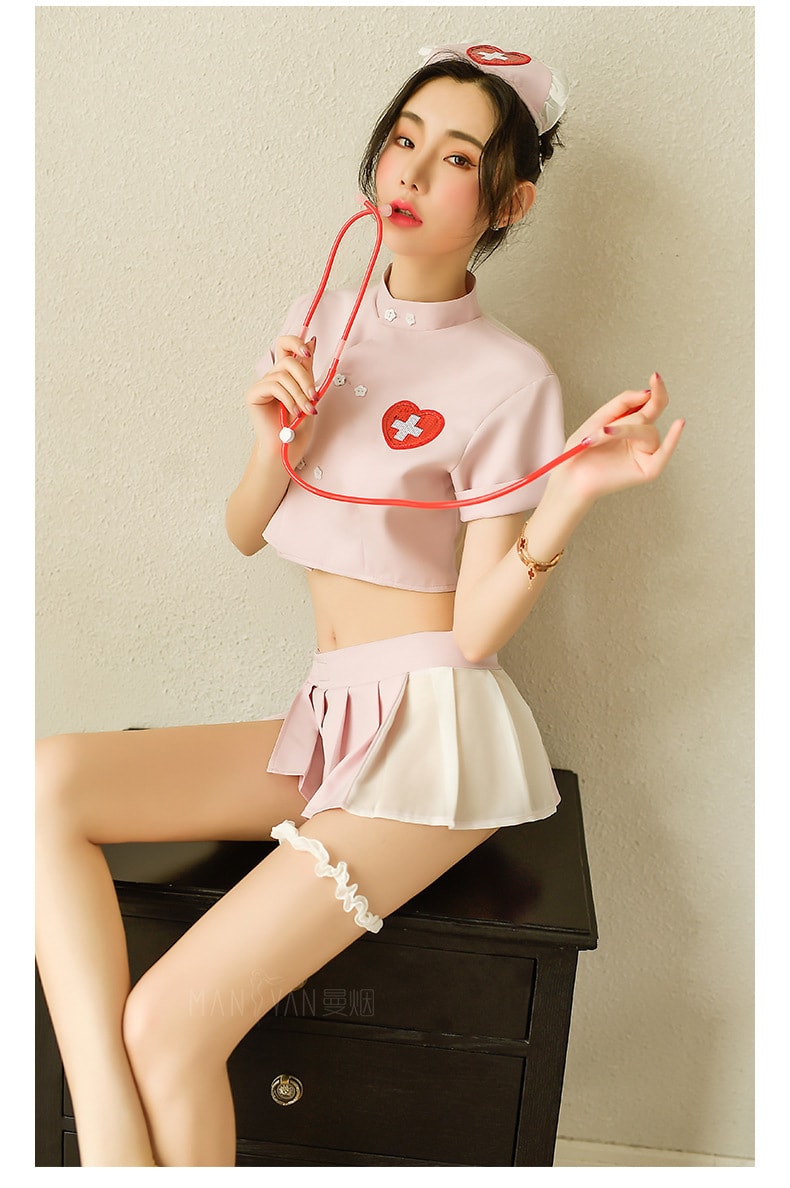 中國 曼煙 性感甜美透視短上衣百褶裙護士裝 粉色均碼