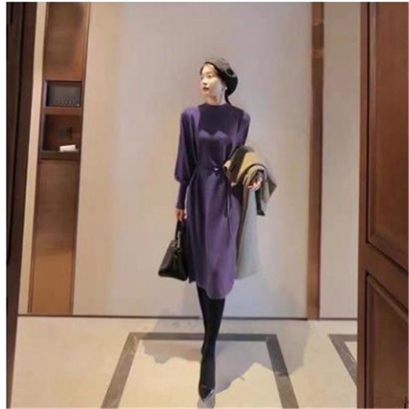 中國 莉歐蓓琪 半高領中長純色內搭毛衣針織洋裝 秋冬簡約顯瘦打底裙 紫色均碼