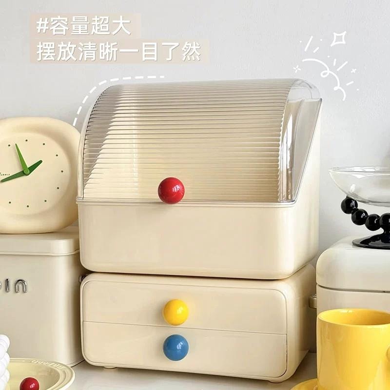 【中国直邮】 多巴胺化妆品收纳盒桌面抽屉带盖置物架  奶黄色两件套