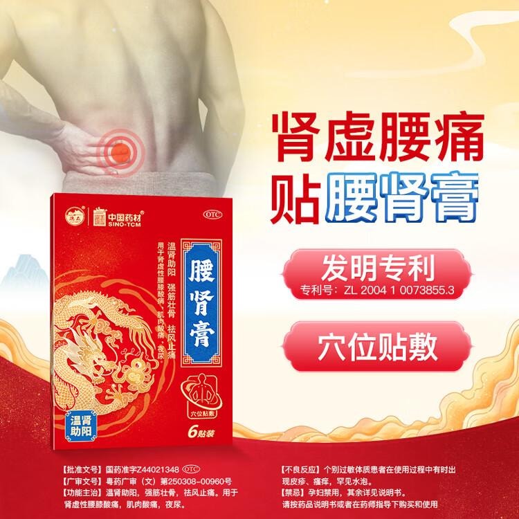 【中国直邮】 中国药材  德众 腰肾膏7cm*10cm*6贴 温肾助阳 强筋壮骨 祛风止痛 用于腰膝酸痛 肌肉酸痛