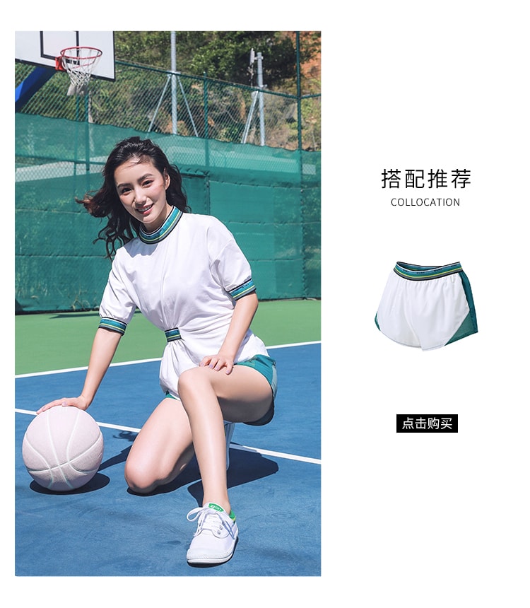 暴走的萝莉 织带收腰运动短袖女夏季 薄款吸湿排汗修身跑步训练T恤/白撞绿#/XS