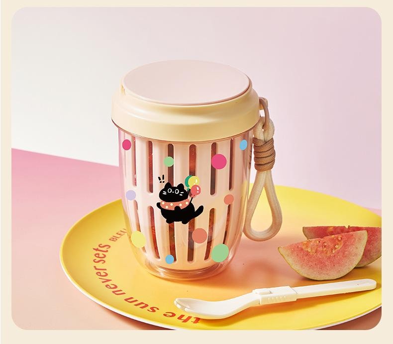 【中国直邮】 便携沙拉杯 水果杯 双层随手杯 双层沥水保鲜杯 早餐杯 带盖勺便当杯 - 白色 1个