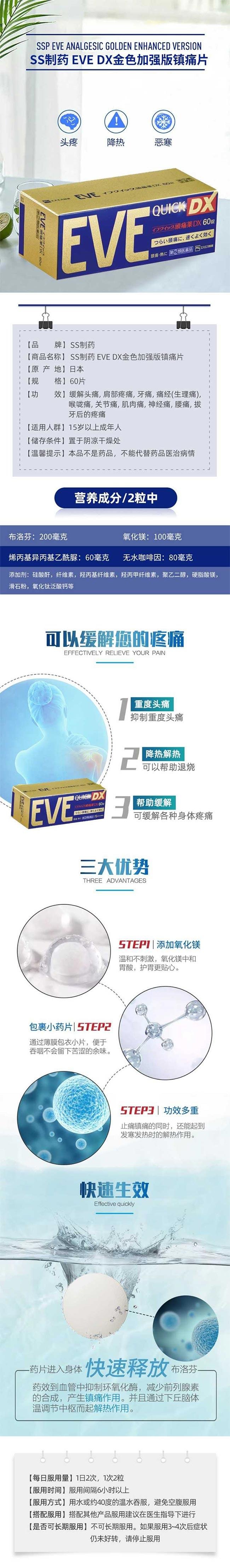 【日本直邮】日本SS PHARMACEUTICAL 白兔制药 eve止疼药 止痛头痛药 姨妈痛经 退热退烧药 金色加强版 60片入